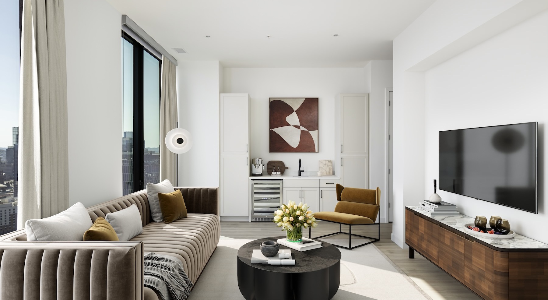 living room with tv couch and coffee table