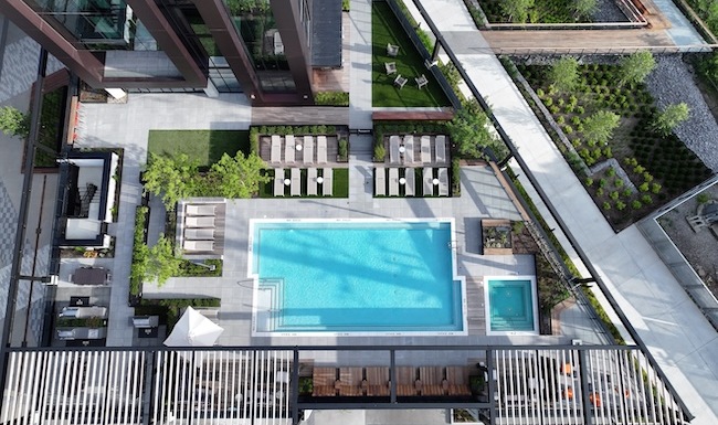 an aerial shot of a swimming pool